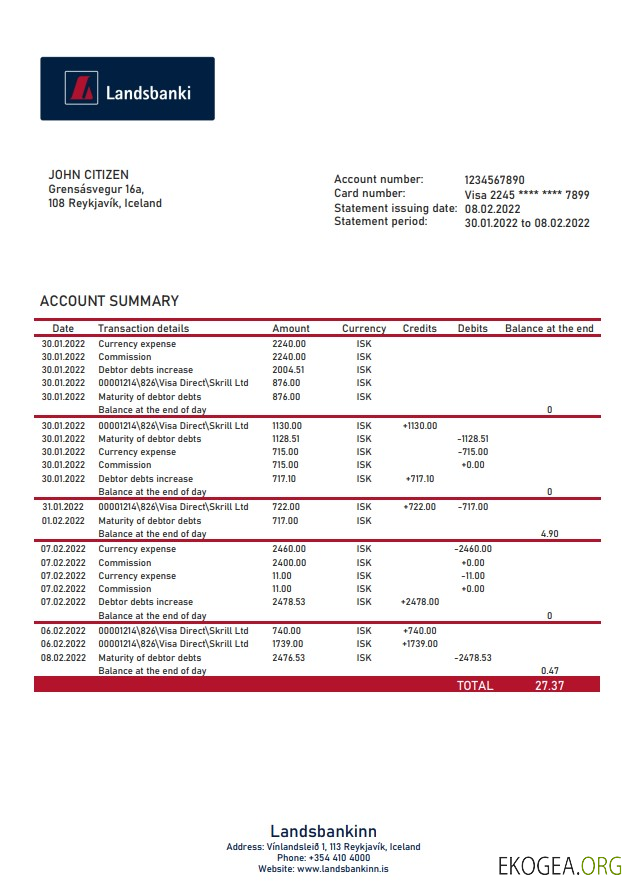 Relevé bancaire d'Islande Landsbankinn
